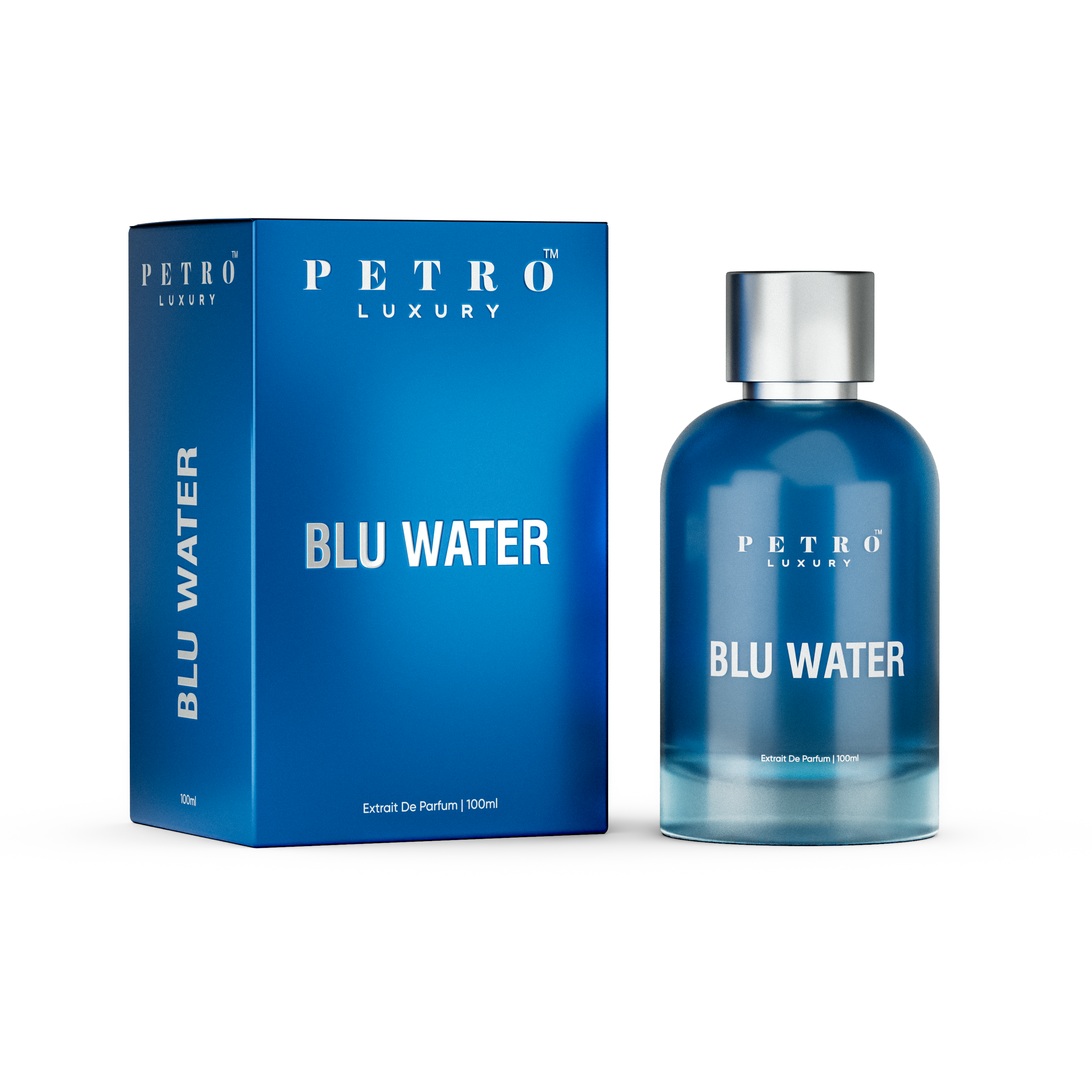 Petro Luxury Blu Water perfume bottle and packaging on a white background